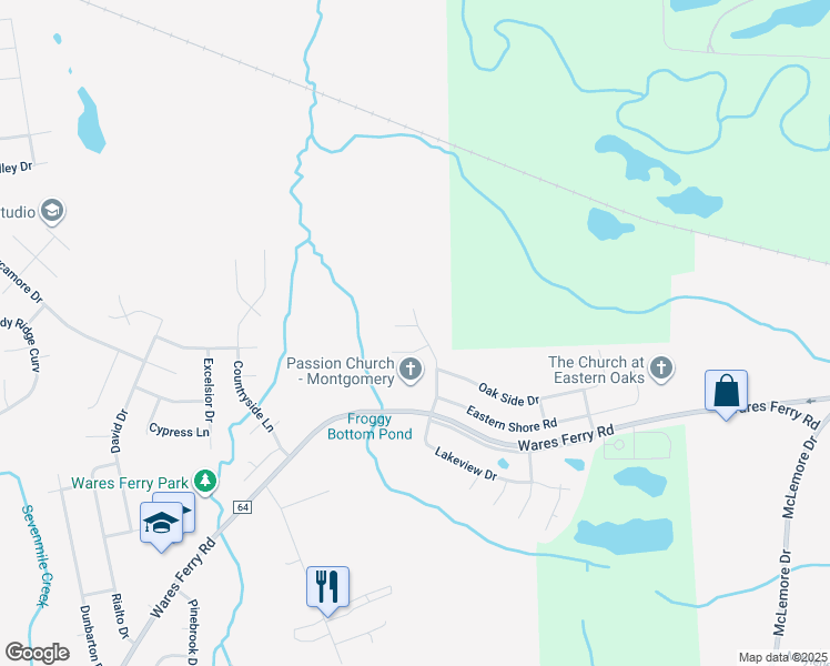 map of restaurants, bars, coffee shops, grocery stores, and more near 6831 Eastern Oaks Court in Montgomery