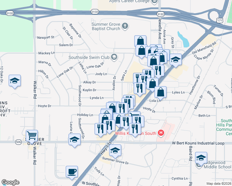 map of restaurants, bars, coffee shops, grocery stores, and more near 9082 Avalon Drive in Shreveport
