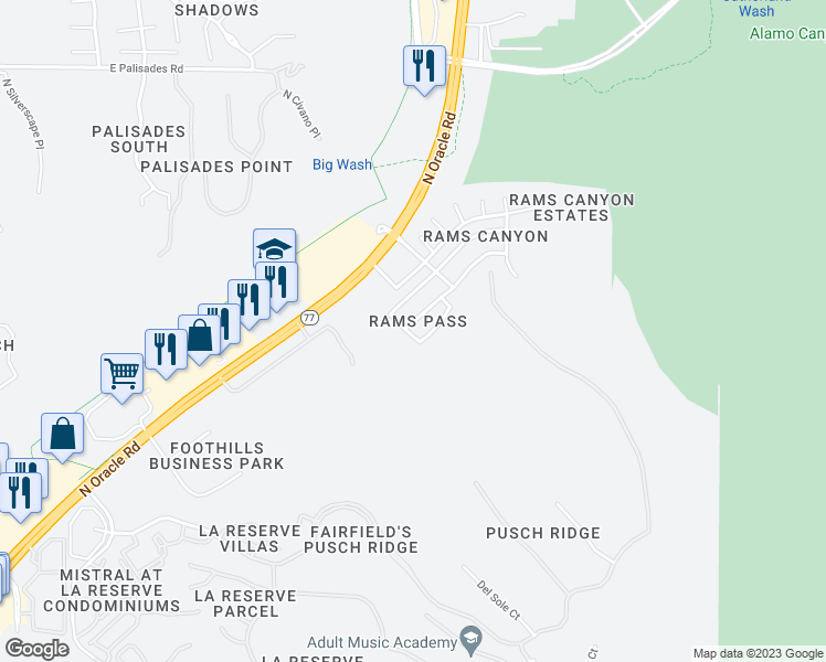 map of restaurants, bars, coffee shops, grocery stores, and more near 2234 East Skipping Rock Way in Oro Valley