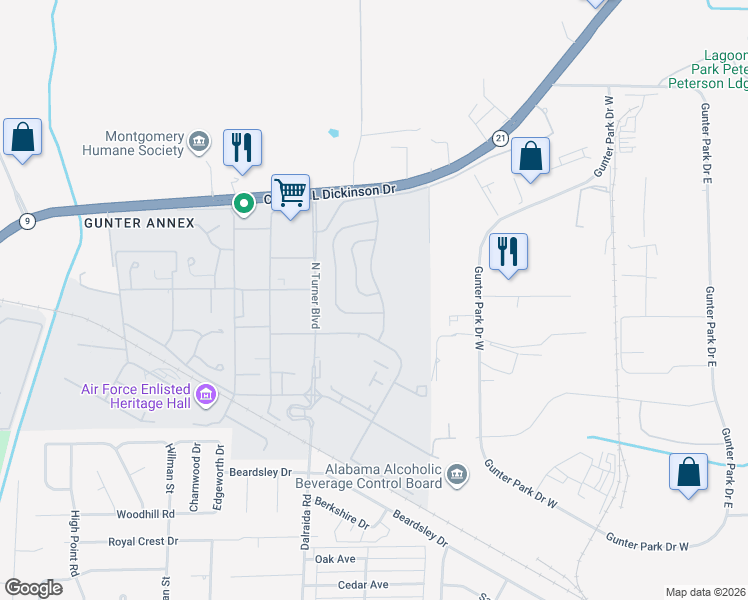 map of restaurants, bars, coffee shops, grocery stores, and more near 101 Sneed Road in Montgomery