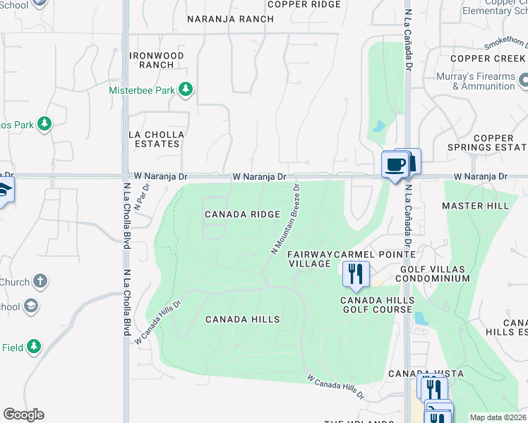 map of restaurants, bars, coffee shops, grocery stores, and more near 11100 North Eagle Crest Drive in Tucson