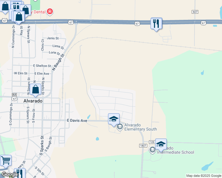 map of restaurants, bars, coffee shops, grocery stores, and more near 1069 Nighthawk Trail in Alvarado
