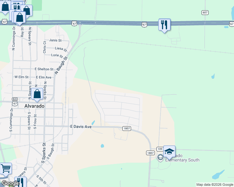 map of restaurants, bars, coffee shops, grocery stores, and more near 1069 Nighthawk Trail in Alvarado