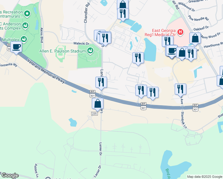 map of restaurants, bars, coffee shops, grocery stores, and more near 124 Eagles Court in Statesboro