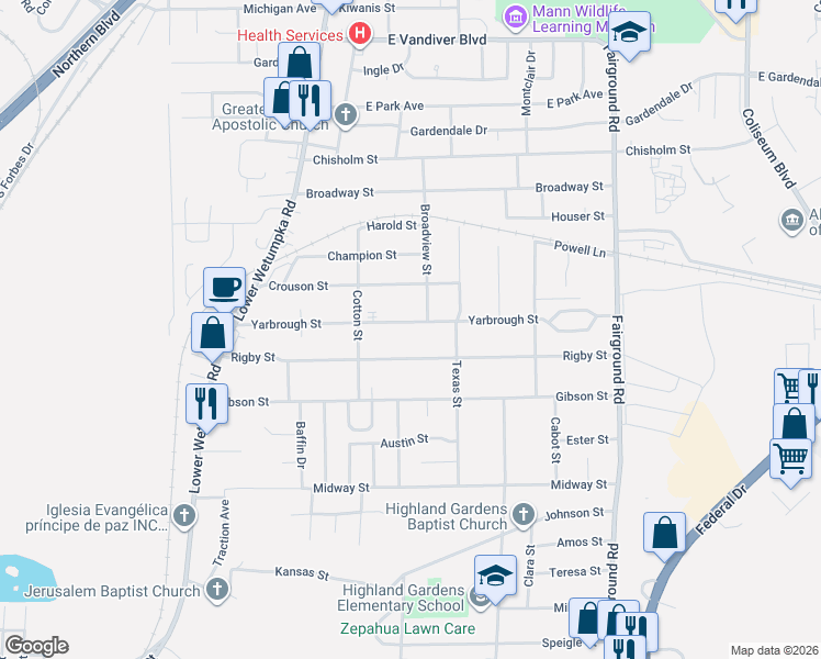 map of restaurants, bars, coffee shops, grocery stores, and more near 1851 Rigby Street in Montgomery