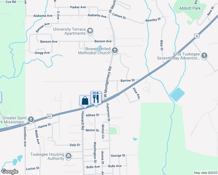 map of restaurants, bars, coffee shops, grocery stores, and more near 3005 West Montgomery Road in Tuskegee