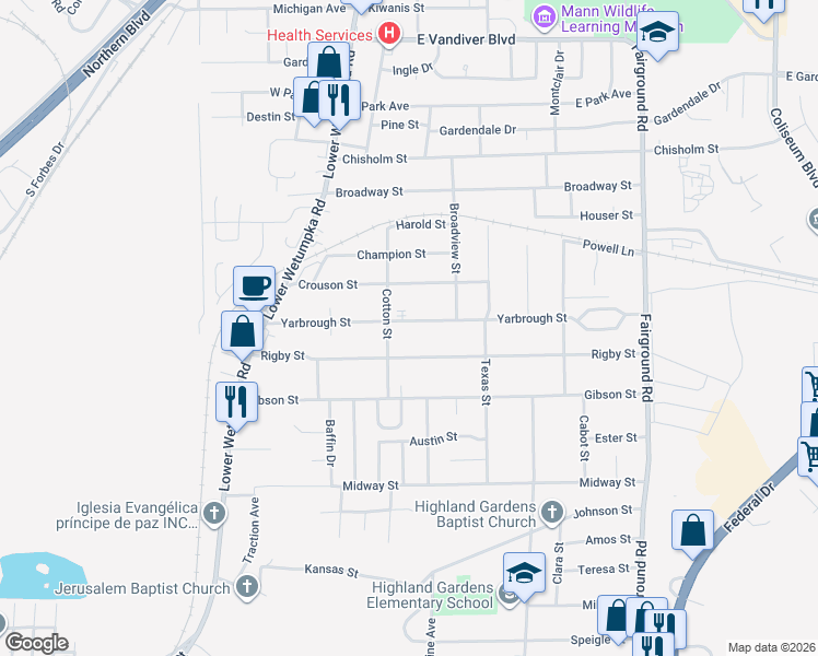 map of restaurants, bars, coffee shops, grocery stores, and more near 1720 Yarbrough Street in Montgomery