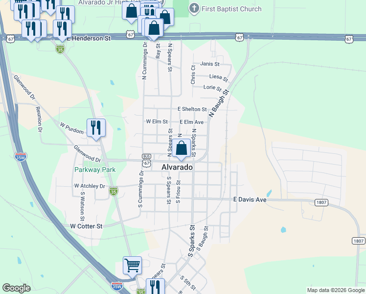 map of restaurants, bars, coffee shops, grocery stores, and more near 201 North Sparks Street in Alvarado