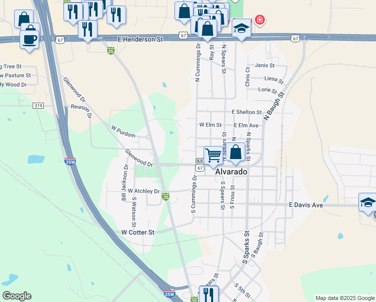 map of restaurants, bars, coffee shops, grocery stores, and more near 300 West College Street in Alvarado