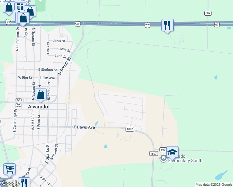 map of restaurants, bars, coffee shops, grocery stores, and more near 709 East Davis Avenue in Alvarado