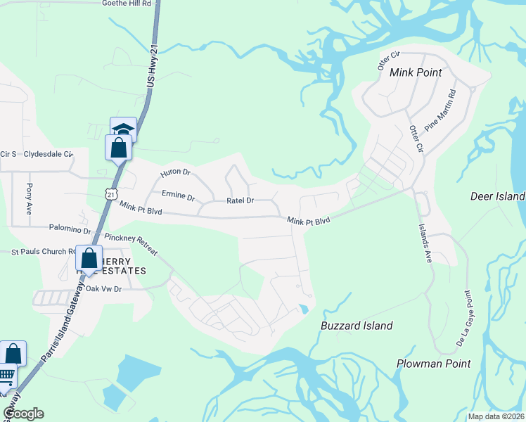 map of restaurants, bars, coffee shops, grocery stores, and more near 3010 Mink Point Boulevard in Beaufort