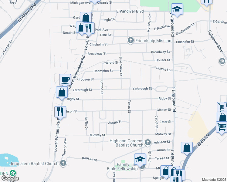map of restaurants, bars, coffee shops, grocery stores, and more near 1742 Yarbrough Street in Montgomery