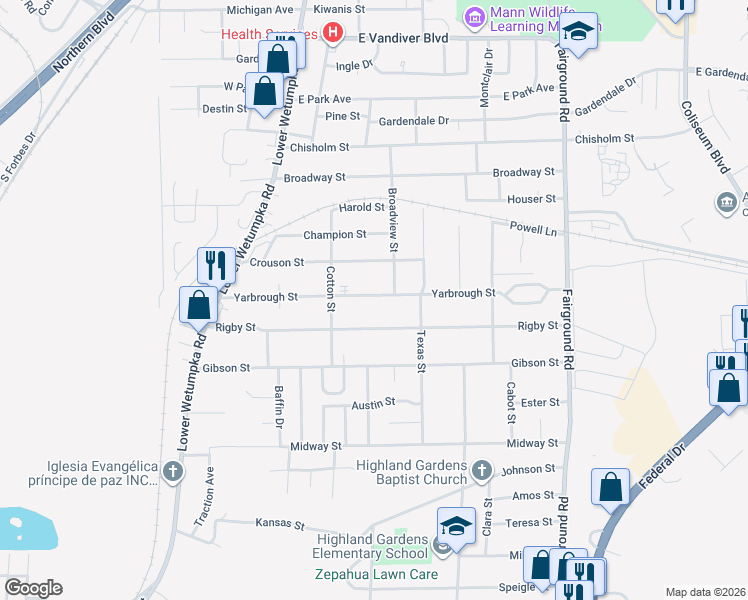 map of restaurants, bars, coffee shops, grocery stores, and more near 1746 Yarbrough Street in Montgomery