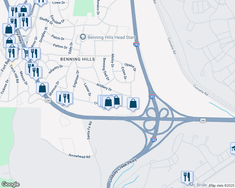 map of restaurants, bars, coffee shops, grocery stores, and more near 17 Artillery Drive in Columbus