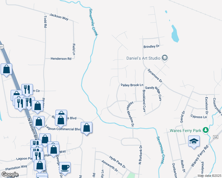 map of restaurants, bars, coffee shops, grocery stores, and more near 1219 Sandlewood Drive in Montgomery