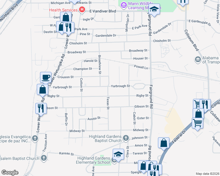 map of restaurants, bars, coffee shops, grocery stores, and more near 1904 Yarbrough Street in Montgomery