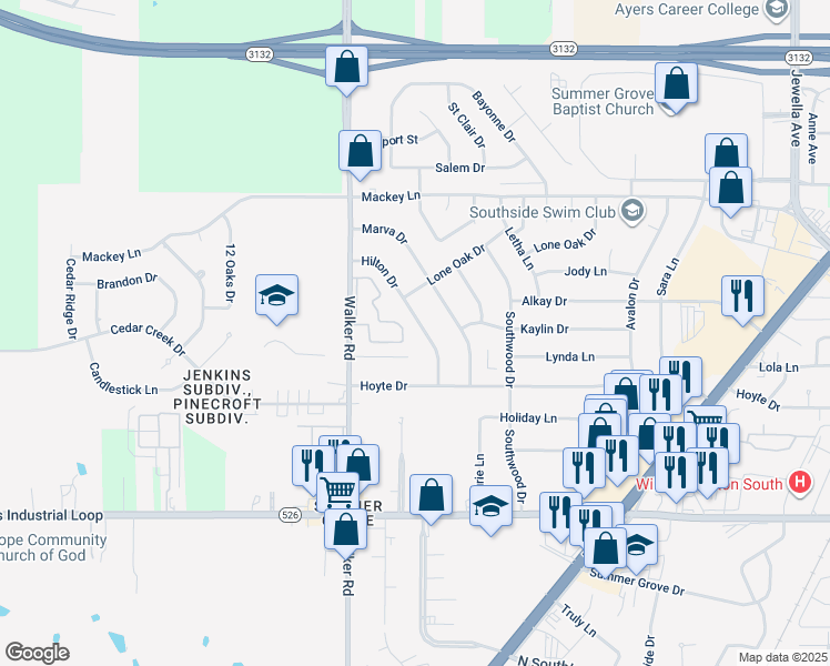 map of restaurants, bars, coffee shops, grocery stores, and more near 9038 Hilton Drive in Shreveport