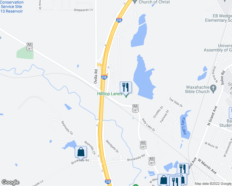 map of restaurants, bars, coffee shops, grocery stores, and more near 28 Country Club Place in Waxahachie