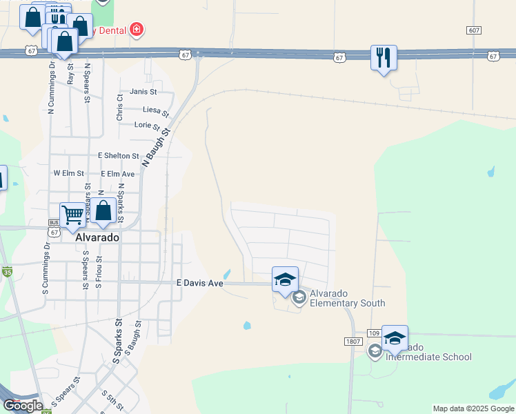 map of restaurants, bars, coffee shops, grocery stores, and more near 709 East Davis Avenue in Alvarado