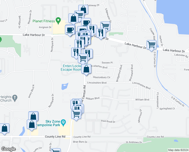 map of restaurants, bars, coffee shops, grocery stores, and more near 920B Glastonbury Circle in Ridgeland