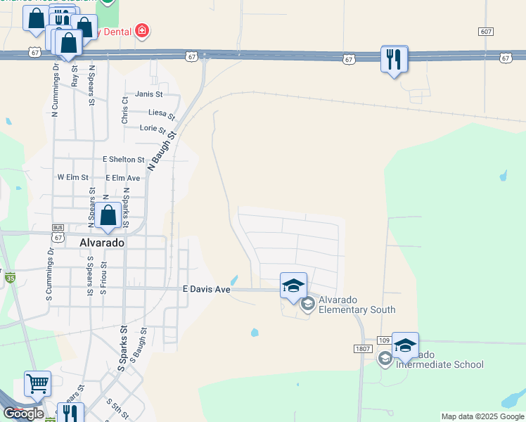 map of restaurants, bars, coffee shops, grocery stores, and more near 709 East Davis Avenue in Alvarado