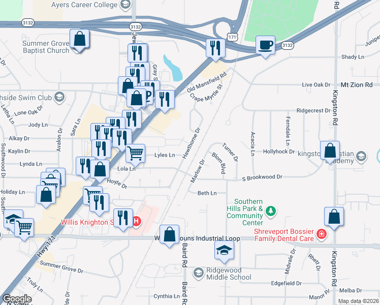 map of restaurants, bars, coffee shops, grocery stores, and more near 8978 Marlow Drive in Shreveport