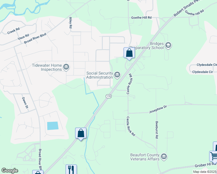 map of restaurants, bars, coffee shops, grocery stores, and more near 101 Winyah Way in Beaufort