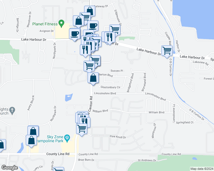 map of restaurants, bars, coffee shops, grocery stores, and more near 931 Glastonbury Circle in Ridgeland