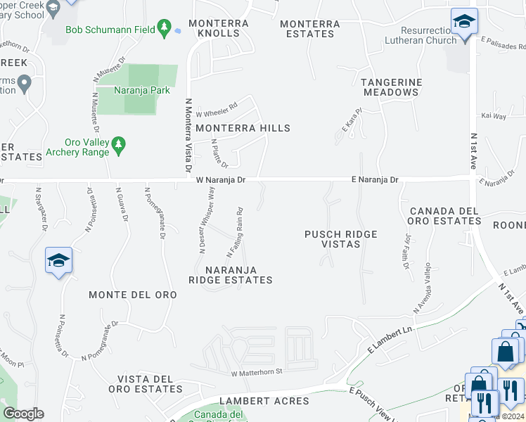 map of restaurants, bars, coffee shops, grocery stores, and more near 249 West Naranja Drive in Oro Valley