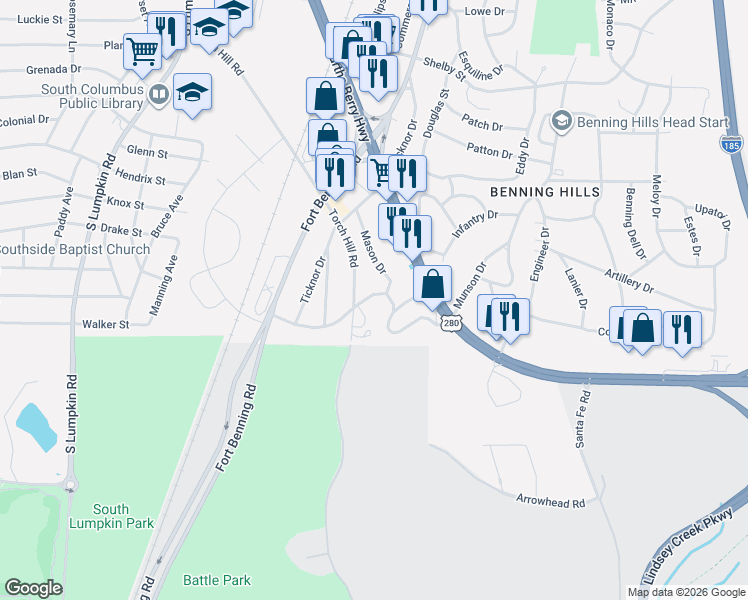 map of restaurants, bars, coffee shops, grocery stores, and more near 52 Mathews Street in Columbus