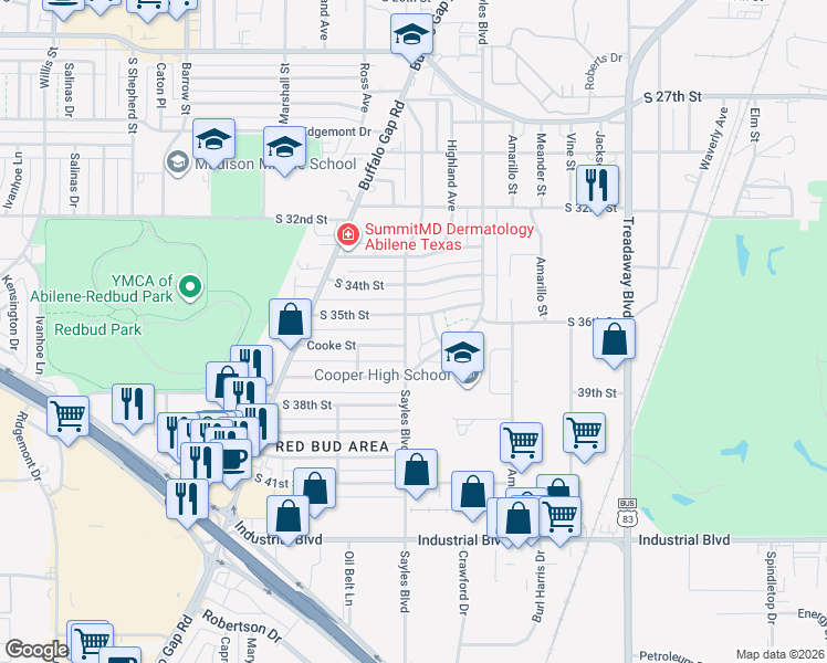 map of restaurants, bars, coffee shops, grocery stores, and more near 2201 Cooke Street in Abilene
