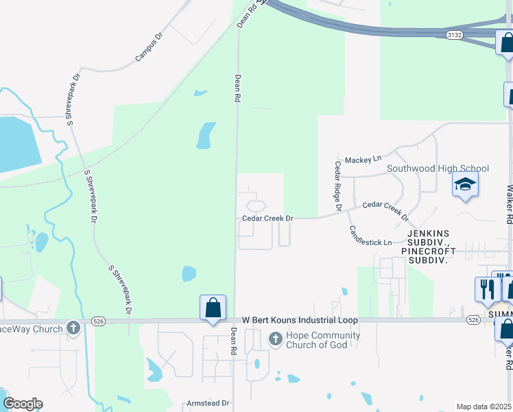 map of restaurants, bars, coffee shops, grocery stores, and more near 3550 Cedar Creek Drive in Shreveport