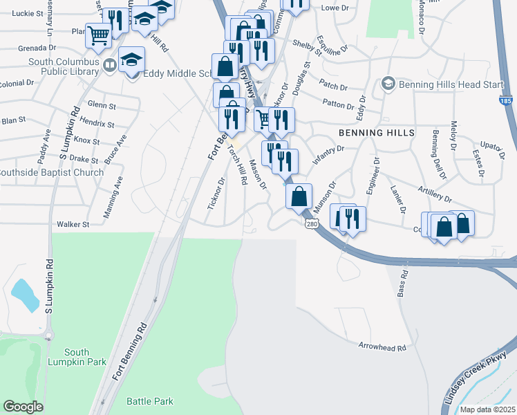 map of restaurants, bars, coffee shops, grocery stores, and more near 52 Mathews Street in Columbus