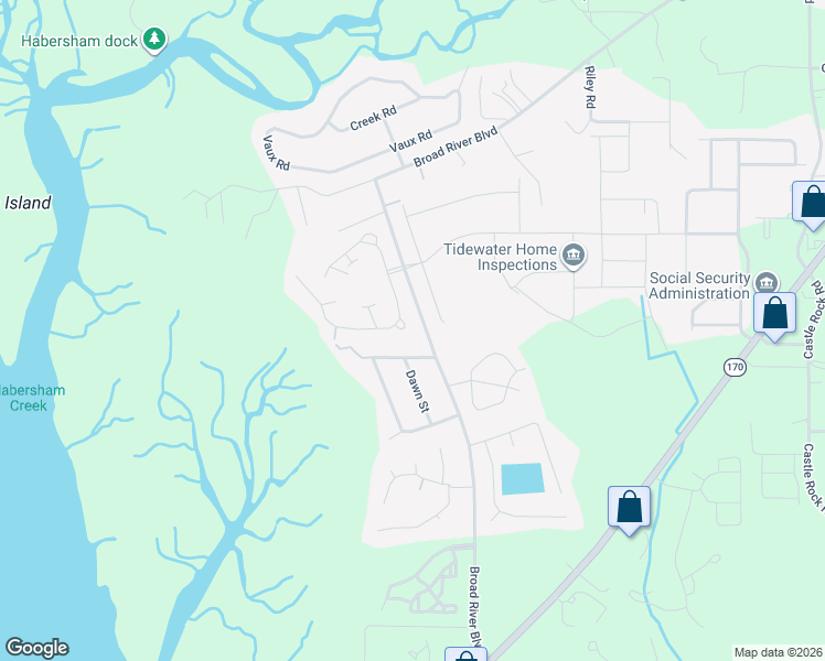 map of restaurants, bars, coffee shops, grocery stores, and more near 741 Broad River Boulevard in Beaufort