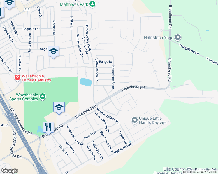 map of restaurants, bars, coffee shops, grocery stores, and more near 214 Good Night Lane in Waxahachie