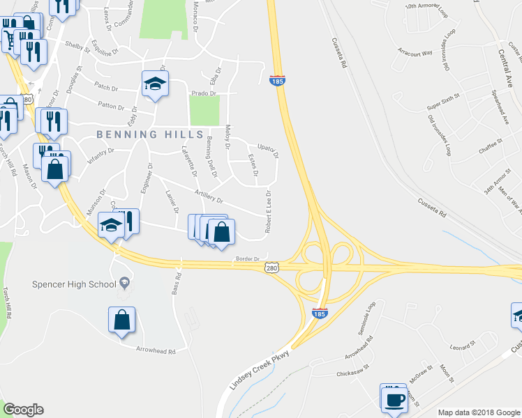 map of restaurants, bars, coffee shops, grocery stores, and more near 6 Artillery Drive in Columbus
