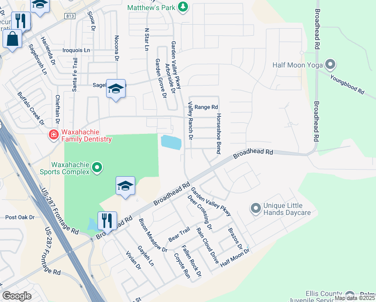 map of restaurants, bars, coffee shops, grocery stores, and more near 115 Valley Ranch Drive in Waxahachie