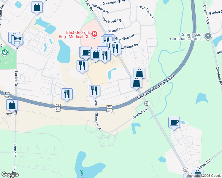 map of restaurants, bars, coffee shops, grocery stores, and more near 20 Terry Lane in Statesboro