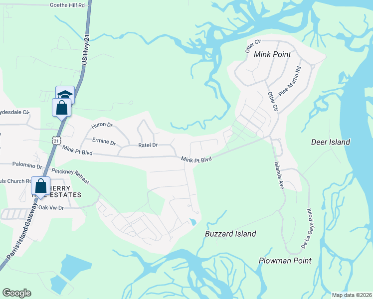 map of restaurants, bars, coffee shops, grocery stores, and more near 3002 Mink Point Boulevard in Beaufort