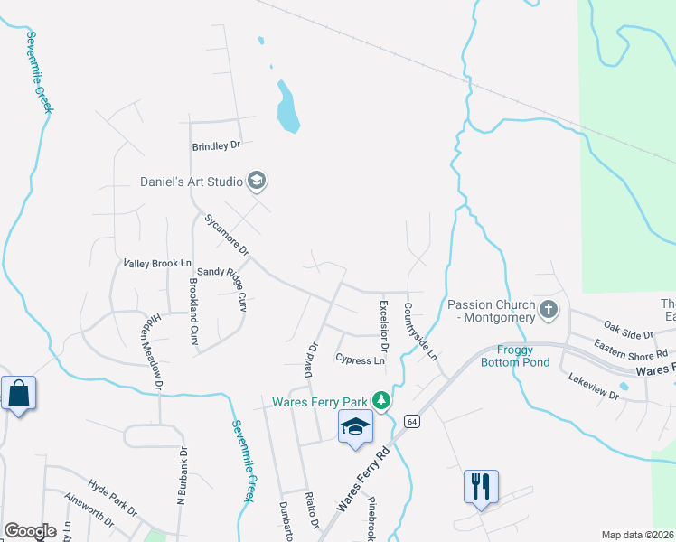map of restaurants, bars, coffee shops, grocery stores, and more near 6419 Deerwood Pl in Montgomery