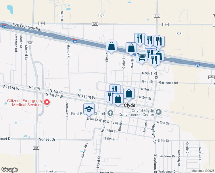 map of restaurants, bars, coffee shops, grocery stores, and more near 213 Elm Street in Clyde