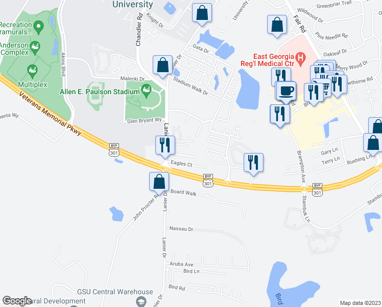 map of restaurants, bars, coffee shops, grocery stores, and more near 210 Lanier Drive in Statesboro