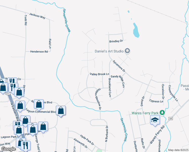 map of restaurants, bars, coffee shops, grocery stores, and more near 1301 Karen Valley Place in Montgomery