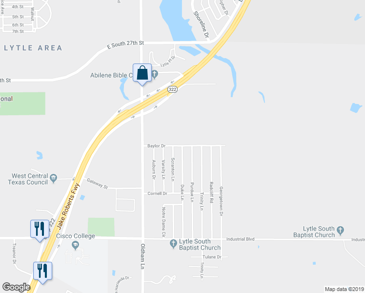 map of restaurants, bars, coffee shops, grocery stores, and more near 3601 Duke Lane in Abilene