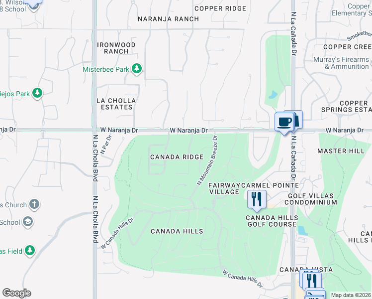 map of restaurants, bars, coffee shops, grocery stores, and more near 11125 North Eagle Crest Drive in Tucson