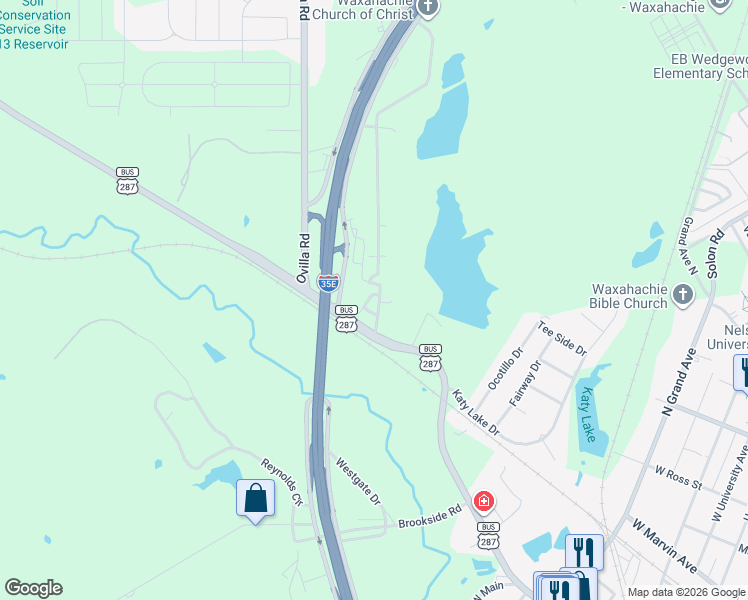map of restaurants, bars, coffee shops, grocery stores, and more near 18 Country Club Place in Waxahachie