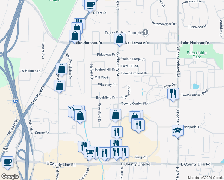 map of restaurants, bars, coffee shops, grocery stores, and more near 157 Wheatley Place in Ridgeland