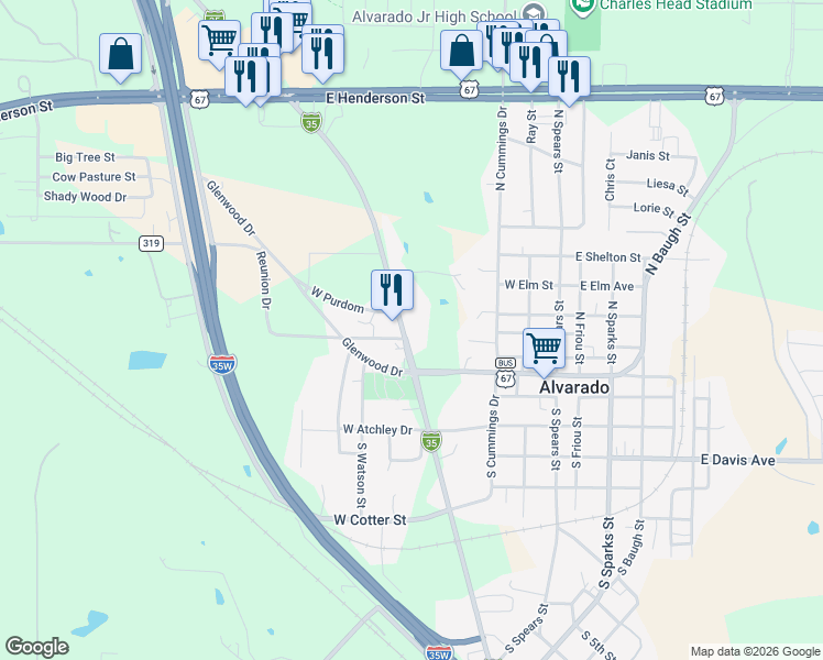 map of restaurants, bars, coffee shops, grocery stores, and more near 208 North Parkway Drive in Alvarado
