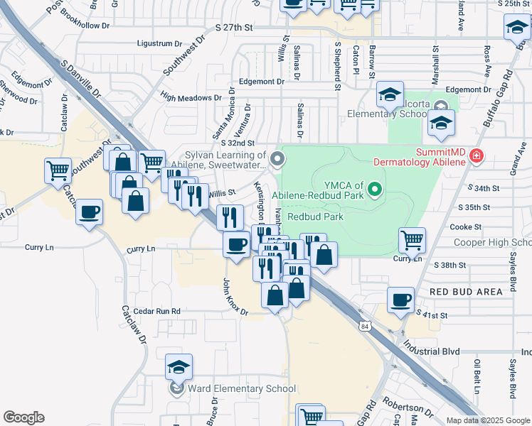 map of restaurants, bars, coffee shops, grocery stores, and more near 3417 Kensington Drive in Abilene