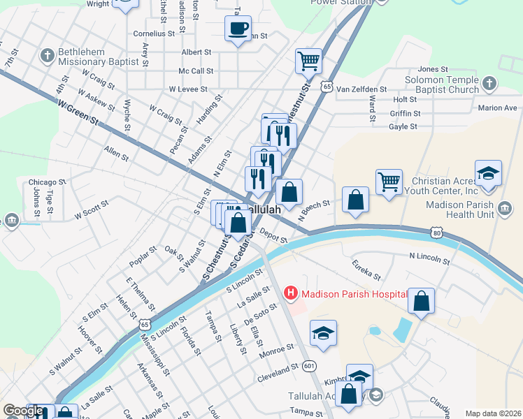 map of restaurants, bars, coffee shops, grocery stores, and more near in Tallulah